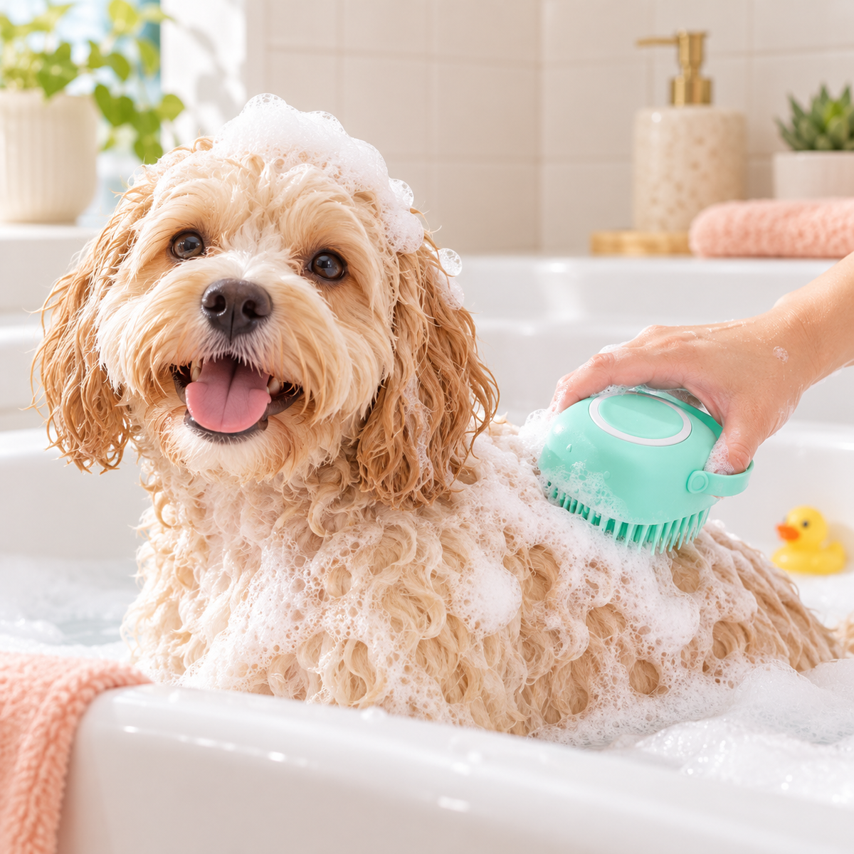 Perro en la bañera con el cepillo de baño Trufa Spa
