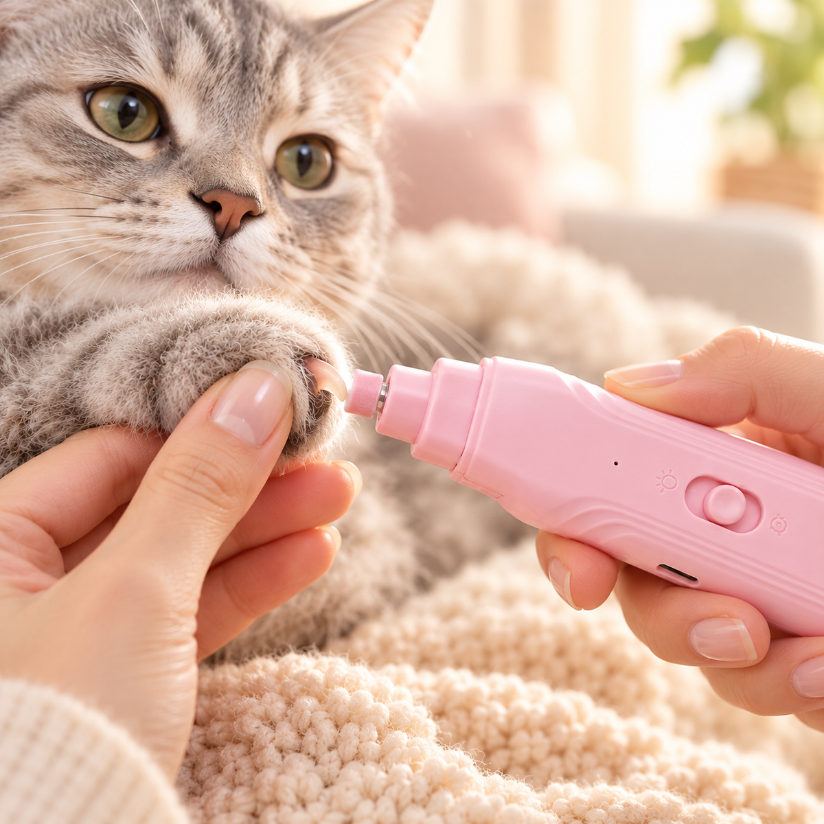 Lima eléctrica redondeando la uña de un gato