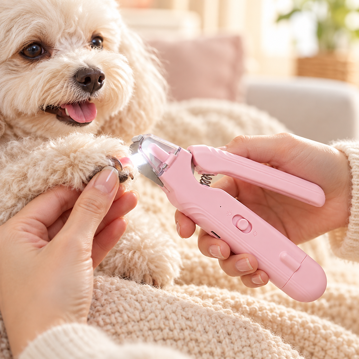 Cortando las uñas a un perro con la luz LED